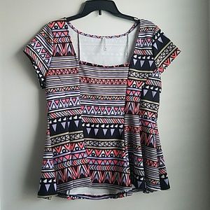 Bright geo print peplum scuba top